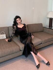 DAZY Đầm midi dài tay dáng đuôi cá phối ren cho nữ, thích hợp dự tiệc, trang phục mùa thu, ngày Valentine. - màu đen - Xem 9