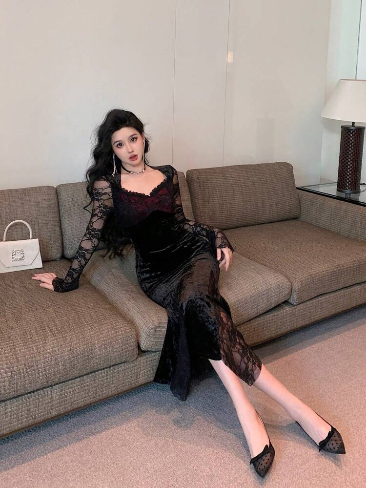 Women Lace Patchwork Mermaid Hem Long Sleeve Midi Dress Prom Dress Elegant,Fall Clothes Valentine's Day