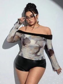 SHEIN ICON Blusa de manga larga de punto con panel de malla de hombros descubiertos y estampado tie-dye para mujer talla grande
