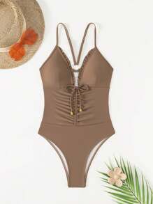 SHEIN Swim 1pc Women Plain Color Spaghetti Strap Ruffle Bow Monokini Swimsuit Summer - Coffee Brown - View 8