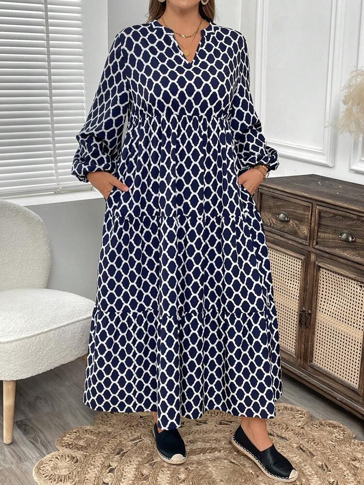 Vestido elegante de manga farol con cuello en V y estampado geométrico para mujer de talla grande primavera-otoño