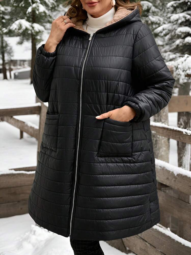 Plus Size Solid Color Hooded Padded Coat,Coat, For Winter