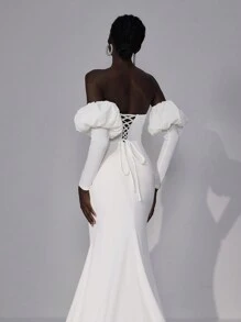 Elitara Elegant Luxury Ivory Strapless Removable Puff Long Sleeve Lace Up Back Tie Off Shoulder Herringbone Elastic Knit Split Hem See-Through With Applique Fish Tail Dress With Train, Suitable For Wedding, Party, Vacation - Beige - View 6