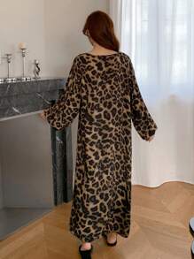 DAZY Bộ đồ ngủ Pijama cổ buộc họa tiết da báo in toàn thân, Moo Moo, cho mùa thu - Cà phê nâu - Xem 2