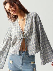 Bohemela 1 件女士休闲平纹编织长袖前系带细节宽松衬衫，适合度假