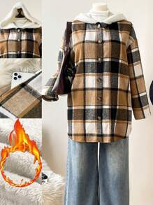 SHEIN Essnce Plus Size Fall Curve Women's Fall Thanksgiving Women Winter New Fashion Casual Commuting Elegant Plaid Fabric Velvet Hooded Buttoned Overcoat - Multicolor - View 1