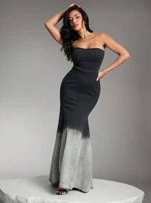 Denimoi Summer Elegant Color Block Strapless Fishtail Hem Maxi Denim Dress