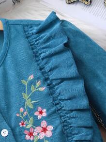 SHEIN Tween Girl Casual Flower Embroidered Ruffle Hem Dress, Autumn,Holiday Summer Travel - Teal Blue - View 5