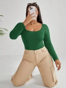 SHEIN EZwear 适合春冬季的加大罗纹针织紧身衣 - 墨綠色 - 查看 6