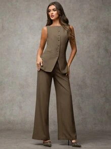 SHEIN BAE بذلة نسائية أنيقة من سترة وبنطال ذات لون واحد وياقة مستديرة أنيقة للارتداء اليومي، ملابس صيف وخريف للنساء، ملابس مكتبية رسمية كاجوال، بدلة مكونة من قطعتين للنساء في فصل الخريف، بليزر نسائي - بني - مشاهدة 3