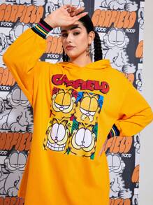 GARFIELD | SHEIN 大码可爱休闲卡通字母图案宽松橙色连帽衫连衣裙，秋季 - 黃色 - 查看 6