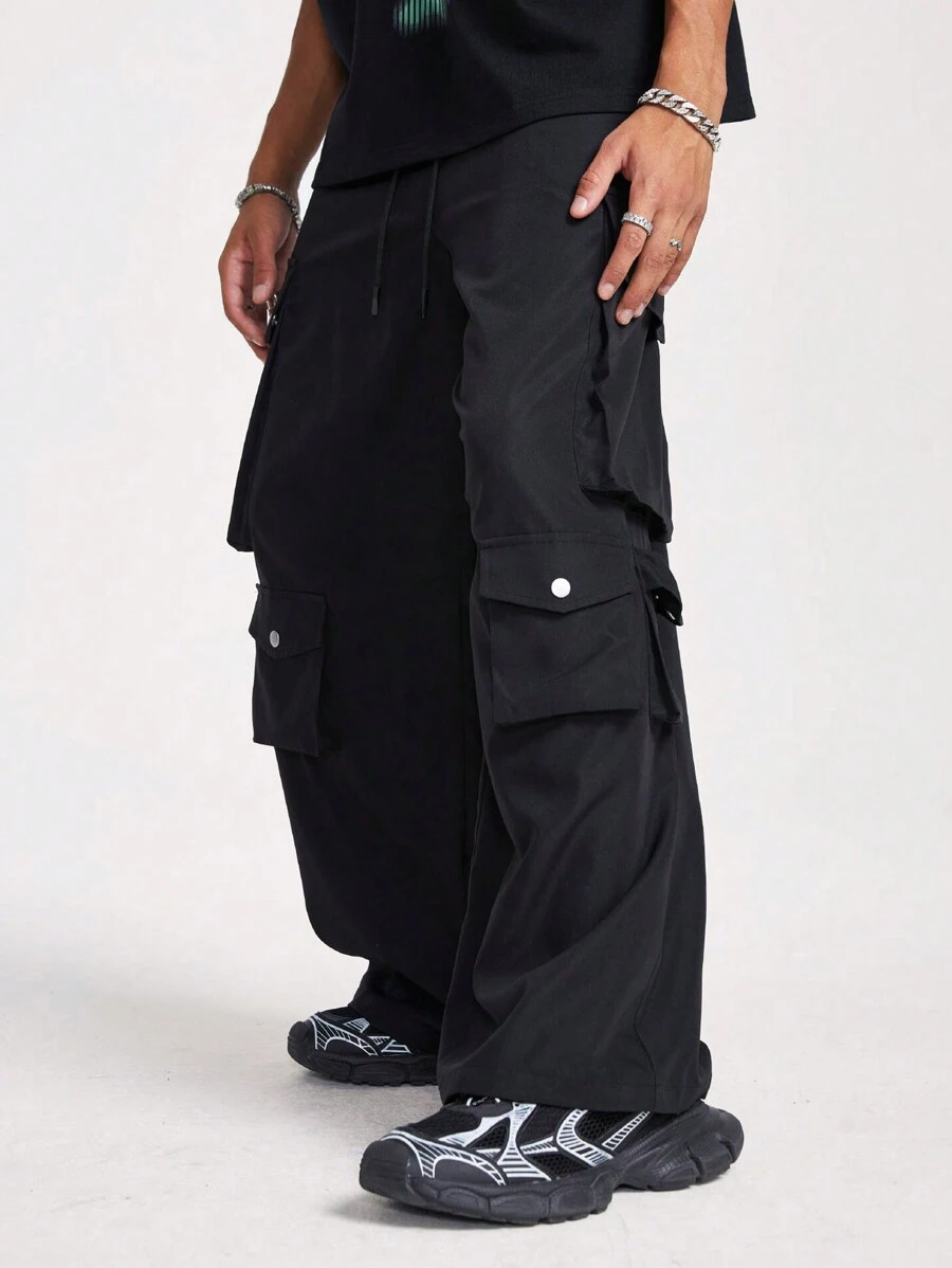 Manfinity VCAY Men's Solid Color Black Loose Straight Woven Cargo Pants With Pockets - Black - View 1