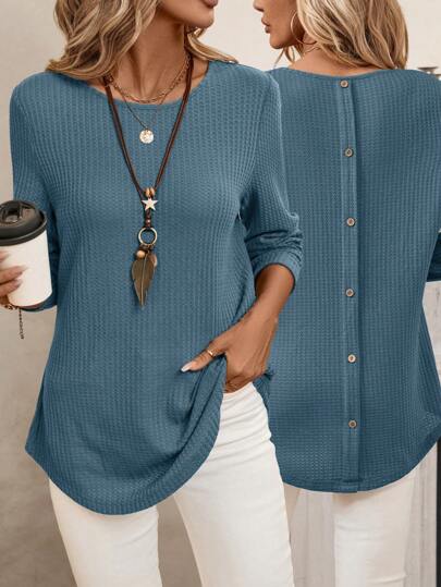 EMERY ROSE Women's Casual Solid Color Button Back Curved Hem T-Shirt Women Long Sleeve Tops Grey Tops For Women Gray Blouse Women Solid Color T Shirt Tops Women Women Women's Fall Clothes