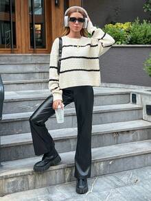 EURMUSE Autumn/Winter Casual Loose Drop Shoulder Contrast Color Striped Sweater - Black and White - View 5