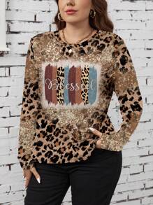 SHEIN LUNE Plus Size Minimalistyczny T-shirt z długim rękawem i nadrukiem Allover, swobodny na wiosnę i jesień