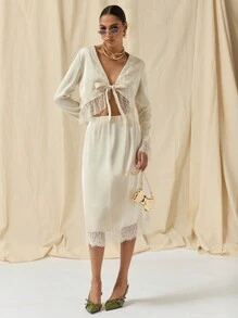 COSMINA Autumn/Winter 2pcs/Set Women Lace Trim Tie Front Long Sleeve Blouse And Skirt Outfit - Apricot - View 5