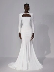 Elitara Elegant White Tube Long Flare Sleeve Round Neck Backless Rhinestone Decor Mermaid Wedding Dress, Bridal Dress,Bride