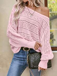 SHEIN LUNE Áo len chui đầu dài tay cổ bẻ màu trơn không đối xứng - Hồng - Xem 2