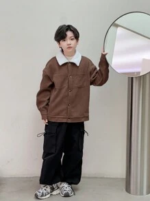 SHEIN 1 chiếc áo khoác nhung kẻ dáng rộng thoải mái và thời trang cho bé trai tuổi mới lớn, phù hợp với phong cách Bomber, Varsity, Y2K, mặc hàng ngày, đi học, du lịch, thể thao, thu/đông - màu nâu - Xem 5