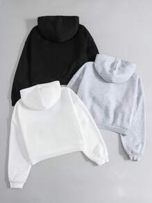 SHEIN 3 件套青少年女孩休闲字母印花针织连帽短款宽松运动衫套头衫，黑/白/灰，买 1 送 2