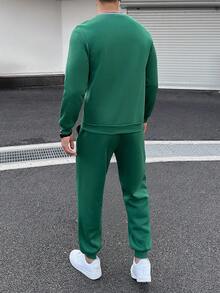 Aesthetic Post 男士休闲字母印花运动衫和运动裤套装，秋冬 - 綠色 - 查看 2