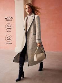 MOTF PREMIUM 系腰带羊毛混纺对比色绑带大衣，女士冬季优雅系腰带、对比色绑带、双纽扣、口袋常规袖翻领宽松杏色羊毛纯色女士大衣，户外活动 - 杏色 - 查看 2