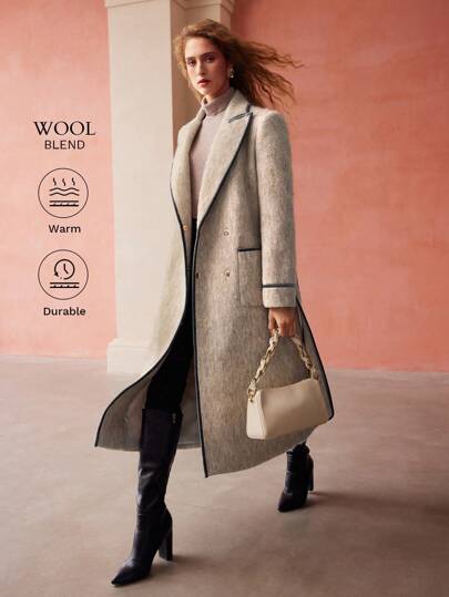 MOTF PREMIUM 系腰带羊毛混纺对比色绑带大衣，女士冬季优雅系腰带、对比色绑带、双纽扣、口袋常规袖翻领宽松杏色羊毛纯色女士大衣，户外活动