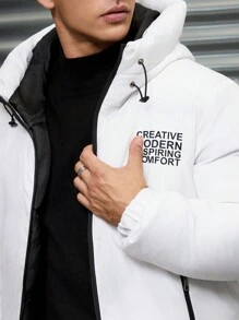 RueChic Men 2 Zipper Letter Printed High Collar Regular Puffer Coat - White - View 4