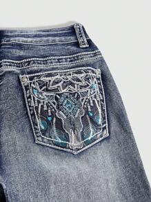 ROMWE Hippie Women's Cowgirl Embroidered Bohemian Style Denim Low Waist Jeans,Country