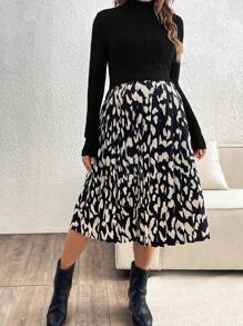SHEIN Maternity Color Block Leopard Print Stand Collar Pleated Nursing Long Sleeve Dress,Casual, Pleated Nursing Dress,Casual,Autumn/Winter - Black - View 5