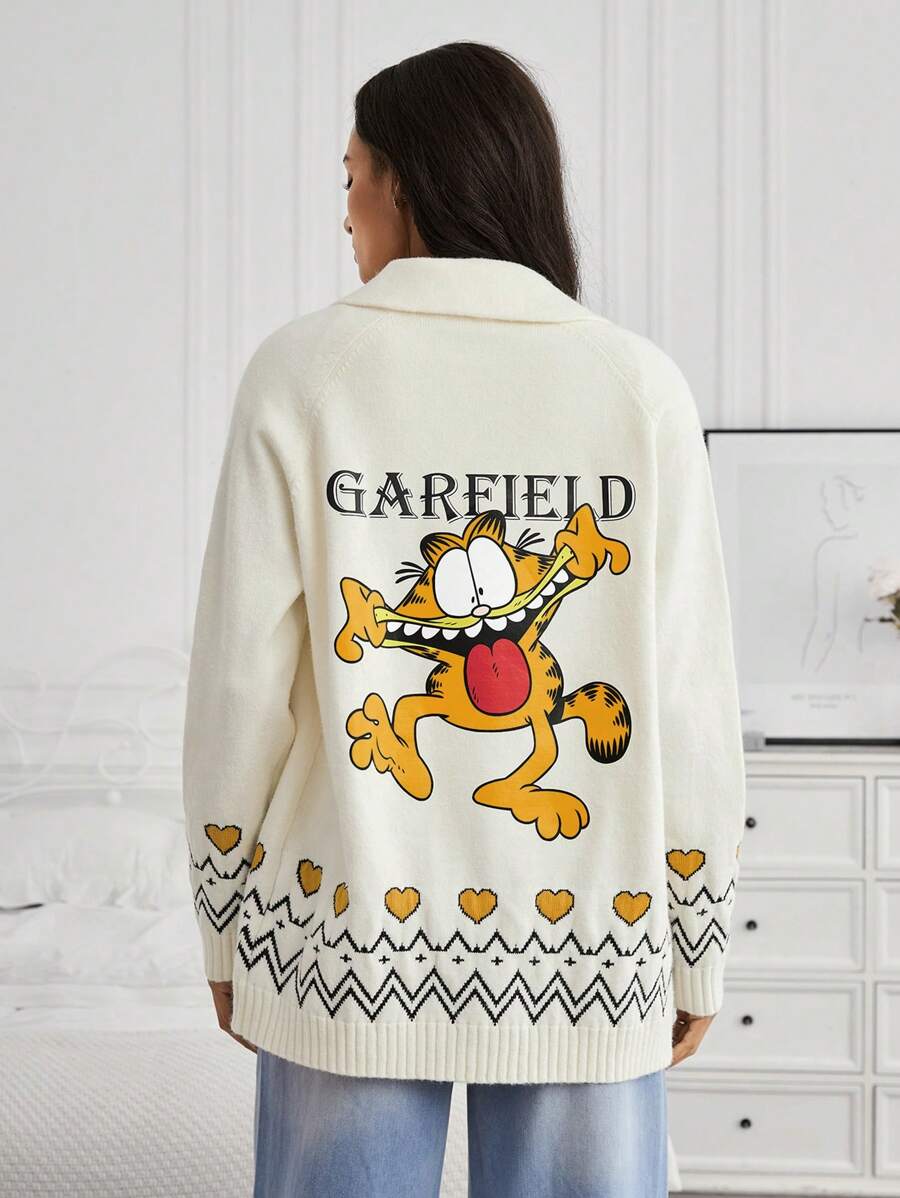 GARFIELD | SHEIN Áo len cardigan dệt kim in chữ và mèo giản dị cho nữ tay áo raglan cài nút - trắng - Xem 1