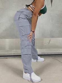 Women Plain Color Cargo Pocket Straight Leg Loose Casual Pants - Light Grey - View 4