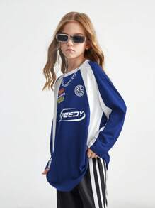 SHEIN Tween Girls Outono Preppy Streetwear Sportswear Blockcore Futebol Camiseta Grande Para Volta Às Aulas