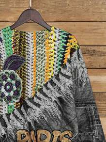 SHEIN LUNE Women Floral And Letter Pattern Round Neck Long Sleeve Casual Knitted Sweater, Autumn Fall Winter - Black - View 4