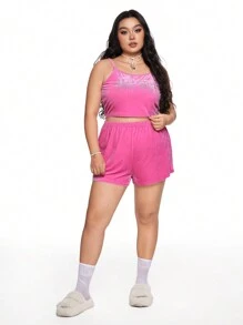 ROMWE J-Fashion Plus Size Silky Velvet Rhinestone Decor Camisole Shorts Sleepwear Set - Pink - View 2