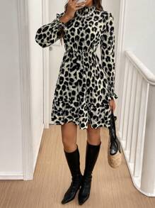 SHEIN Frenchy Damen Herbst Leoparden-Muster Stehkragen Langarm kurzes Mini-Kleid