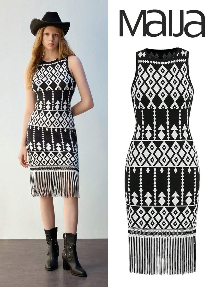 Maija Women's Western-Style Crew Neck All-Over Print Fringe Hem Sleeveless Sweater Dress, Autumn & Winter