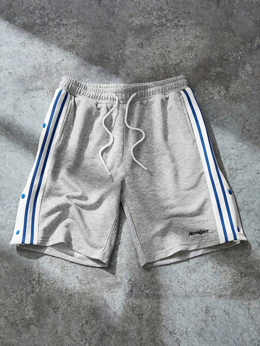 Sport MetroGents 男友风男士抽绳腰侧条纹宽松休闲运动短裤灰色短裤 - 灰色 - 查看 1