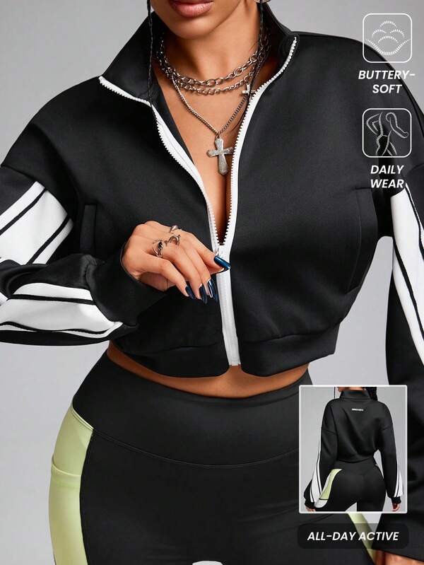 Innovista Chaqueta deportiva con cierre de cremallera, de punto con diseño de bloques de color y ajuste holgado, chaqueta de mujer, chaquetas de mujer, chaqueta de mujer para invierno, blusas para salir, prendas de otoño, ropa de mujer para invierno, conjunto de chándal, chaqueta de mujer