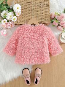 SHEIN Toddler Girls' Plush Solid Color Crew Neck Jacket For Outdoor Wear, Fall/Winter - Pink - View 2