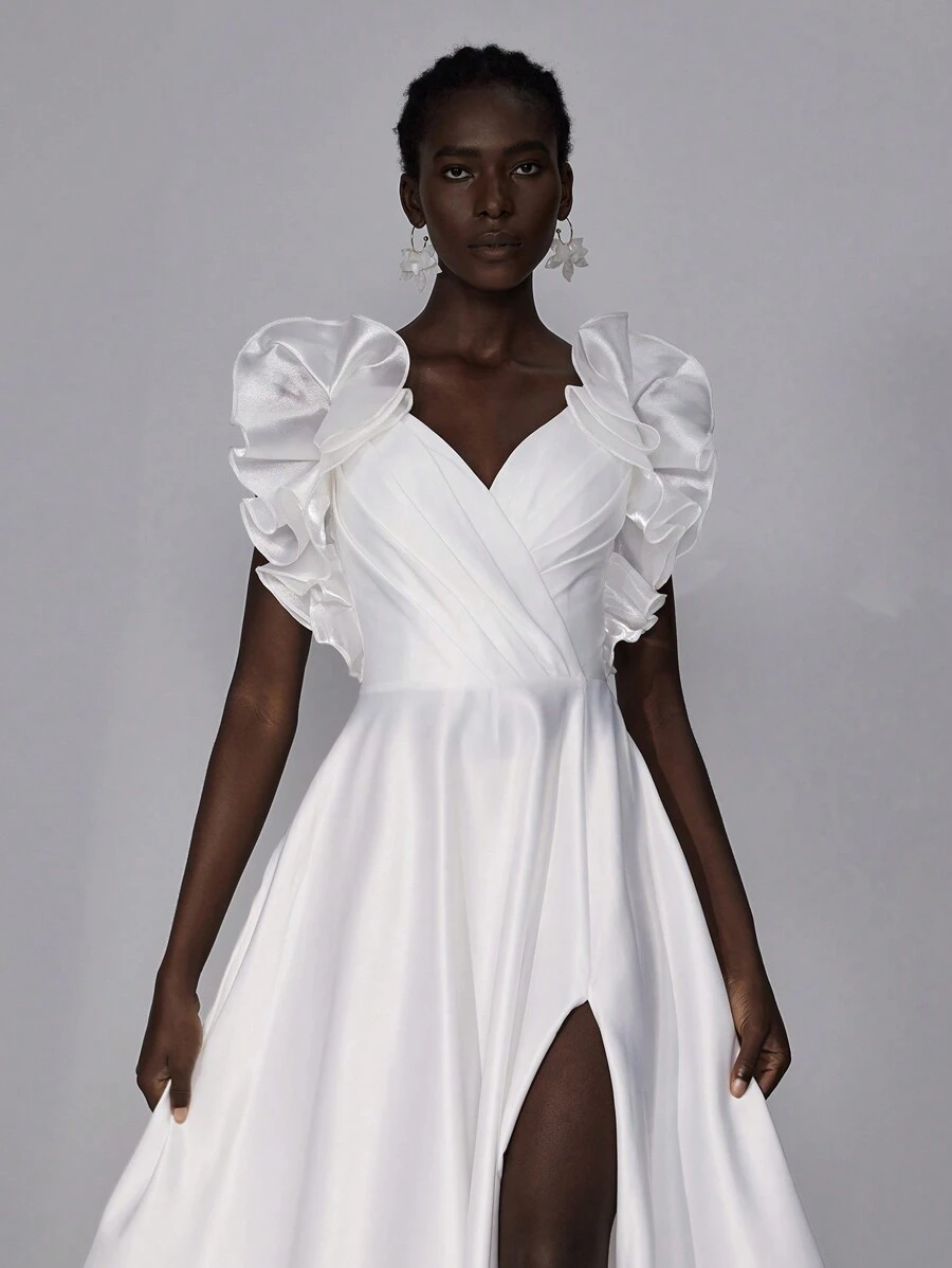 SHEIN Belle Elegant And Gorgeous Beige Luxury V-Neck 3D Three-Dimensional Flower Ruffle Sleeves Glossy Satin Gathered Large A-Slit Slit Dress Suitable For Wedding Events Bachelor Party Holiday Dance Honeymoon Wedding Dress, White Bridal Dress