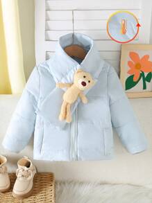 SHEIN Áo khoác parka màu trơn tay dài thả vai đơn giản phong cách Hàn Quốc cho bé gái, cổ rộng, đơn giản, sang trọng, có khăn quàng cổ hình gấu Teddy, chống gió và ấm áp cho mùa đông - Màu xanh lam - Xem 1
