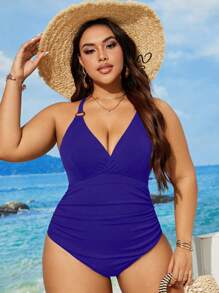 Swim Vcay Plus Size V-Neck Ruched One-Piece Swimsuit With Criss-Cross Back, Summer - Royal Blue - View 6