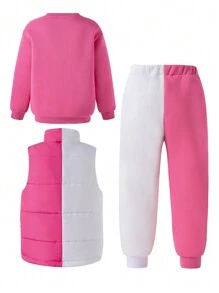 Conjunto de 3 peças de moletom esportivo casual com capuz, colete e calça de corrida para meninas adolescentes rosa e branco