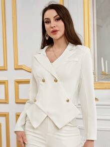 Modelyn 女士纯色双排扣不对称下摆优雅长袖西装外套