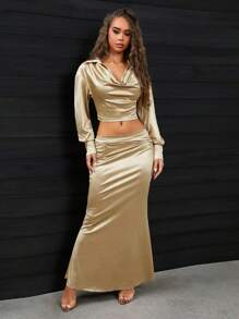 SHEIN SXY Conjunto de 2 piezas de blusa calada y falda de cola de pez en color champán, ideal para fiesta navideña en otoño/invierno