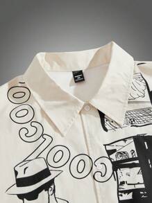 Manfinity VCAY Plus Size Men's Casual Loose Anime Character & Architecture Graphic Print Street Wear Short Sleeve Woven Shirt, For Going Out