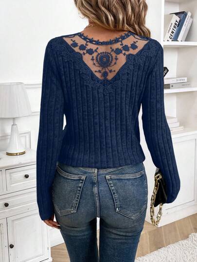 SHEIN Frenchy Top décontracté à manches longues avec application en dentelle unicolore pour femmes