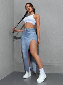 SHEIN EZwear 女士性感高开叉长款牛仔裙 - 淺色水洗藍 - 查看 3