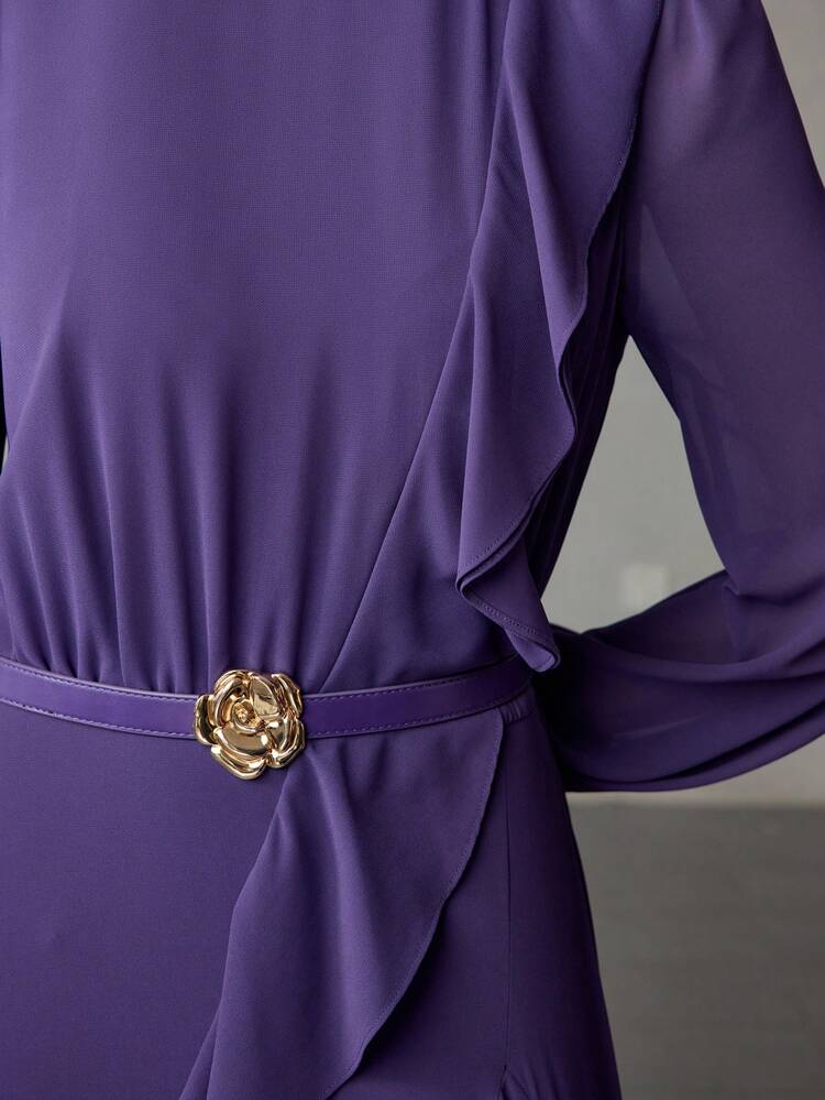 Vestido midi con cinturón, de manga de farol con volantes, bajo acampanado, estampado floral dorado